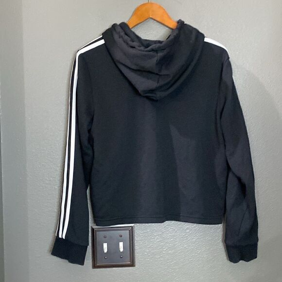 ADIDAS Sweatshirt Short Woman Cotton Cropped Hoodie Sweatshirt Black White - Picture 7 of 13